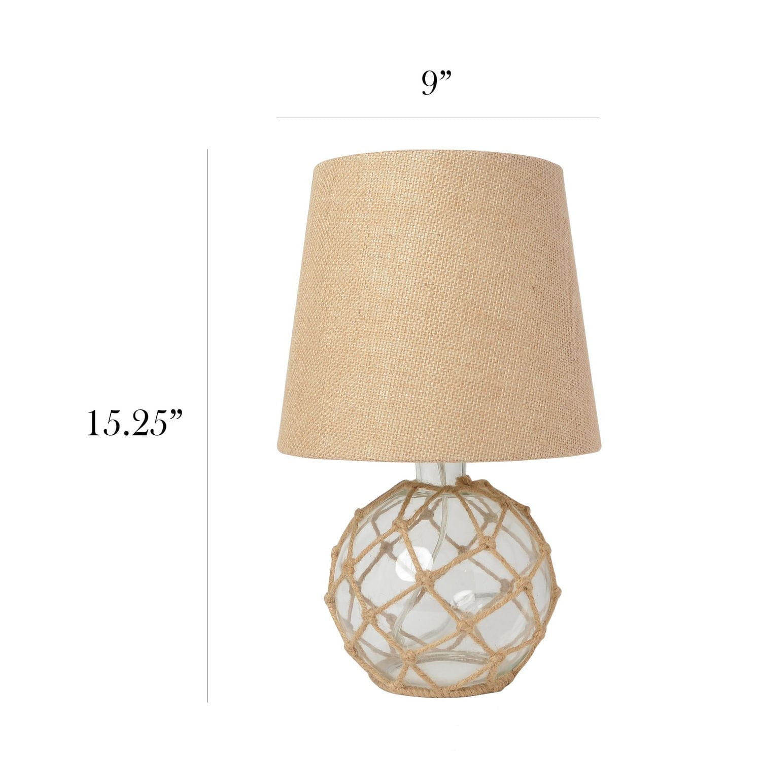 Elegant Designs Buoy Rope Nautical Netted Coastal Ocean Sea Glass Table Lamp with Burlap Fabric Shade