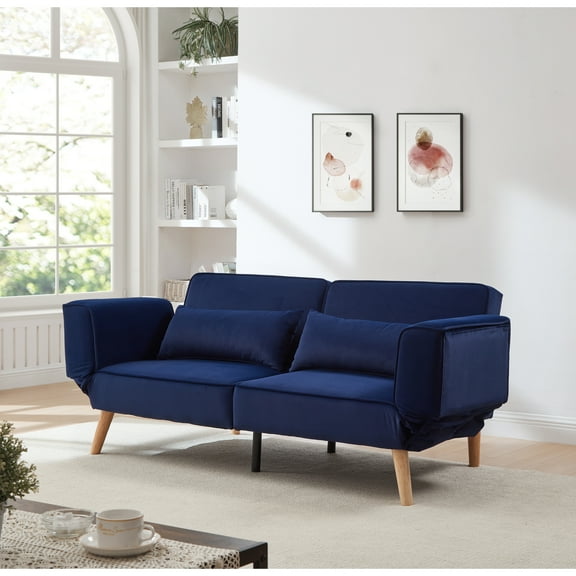 Jopath 72.8" Futon Sofa Bed,Sleeper Sofa Bed,Velvet Small Couch with Adjustable Armrests for Living Room,Bedroom,Apartment,Navy Blue