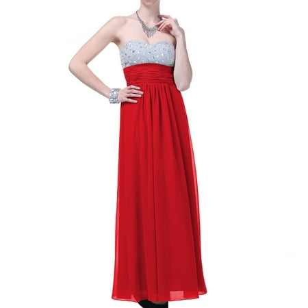 Faship Womens Crystal Beading Full Length Evening Gown Formal Dress Red -