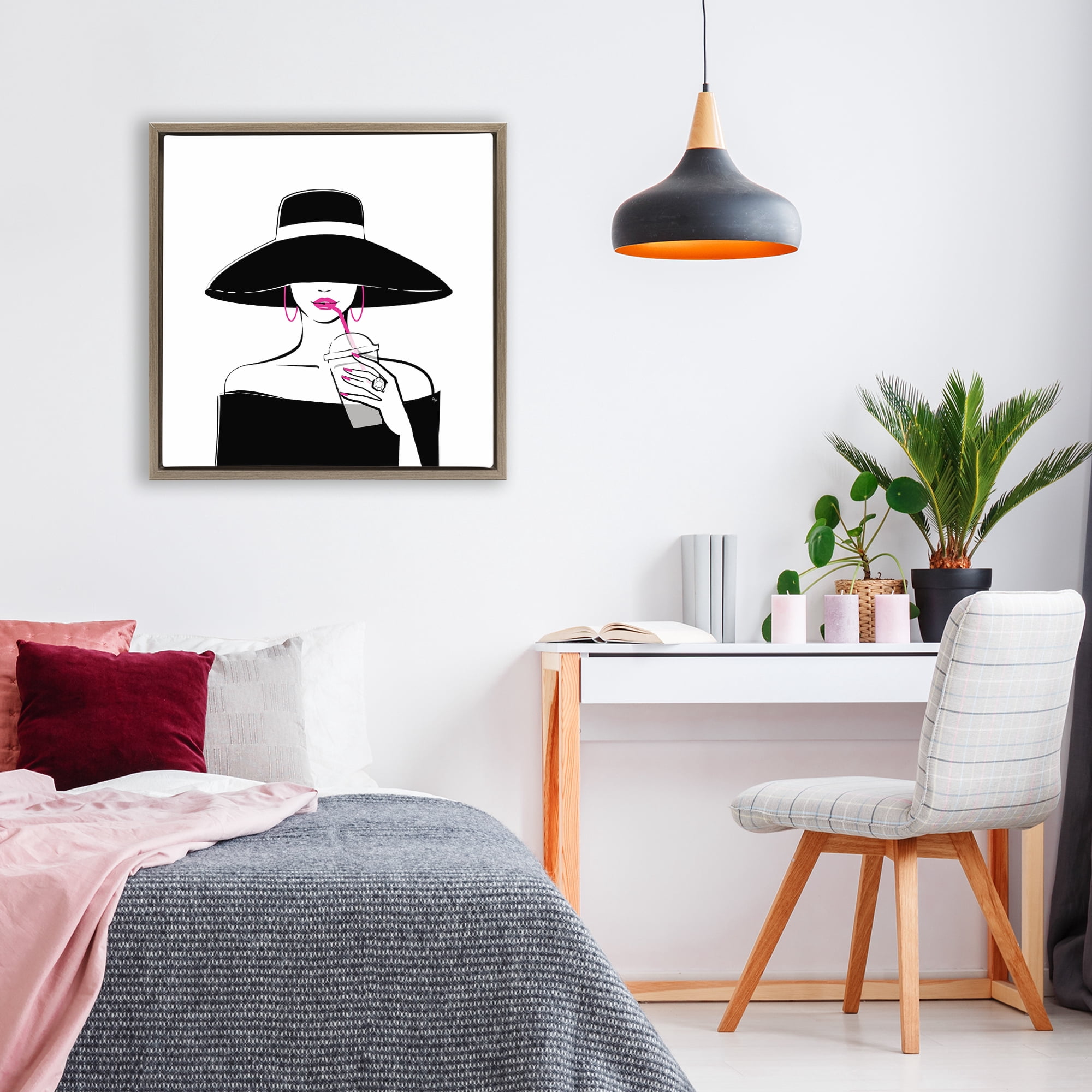 Stupell Industries Chic Black Hat Sipping Coffee Brown Framed Floater Canvas Wall Art, design by Martina Pavlova