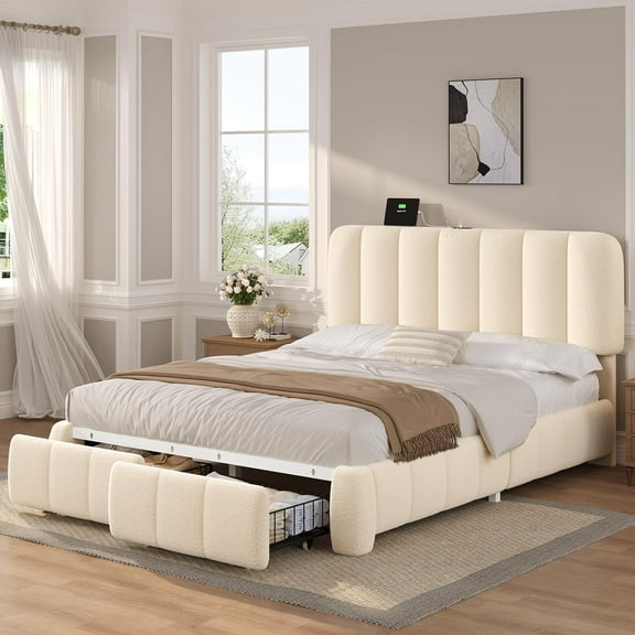 Full Size Upholstered Platform Bed Frame with Headboard,2 Storage Drawers,Charging Station,Soft Rounded Corners,No Box Spring Needed, Easy Assembly, Beige