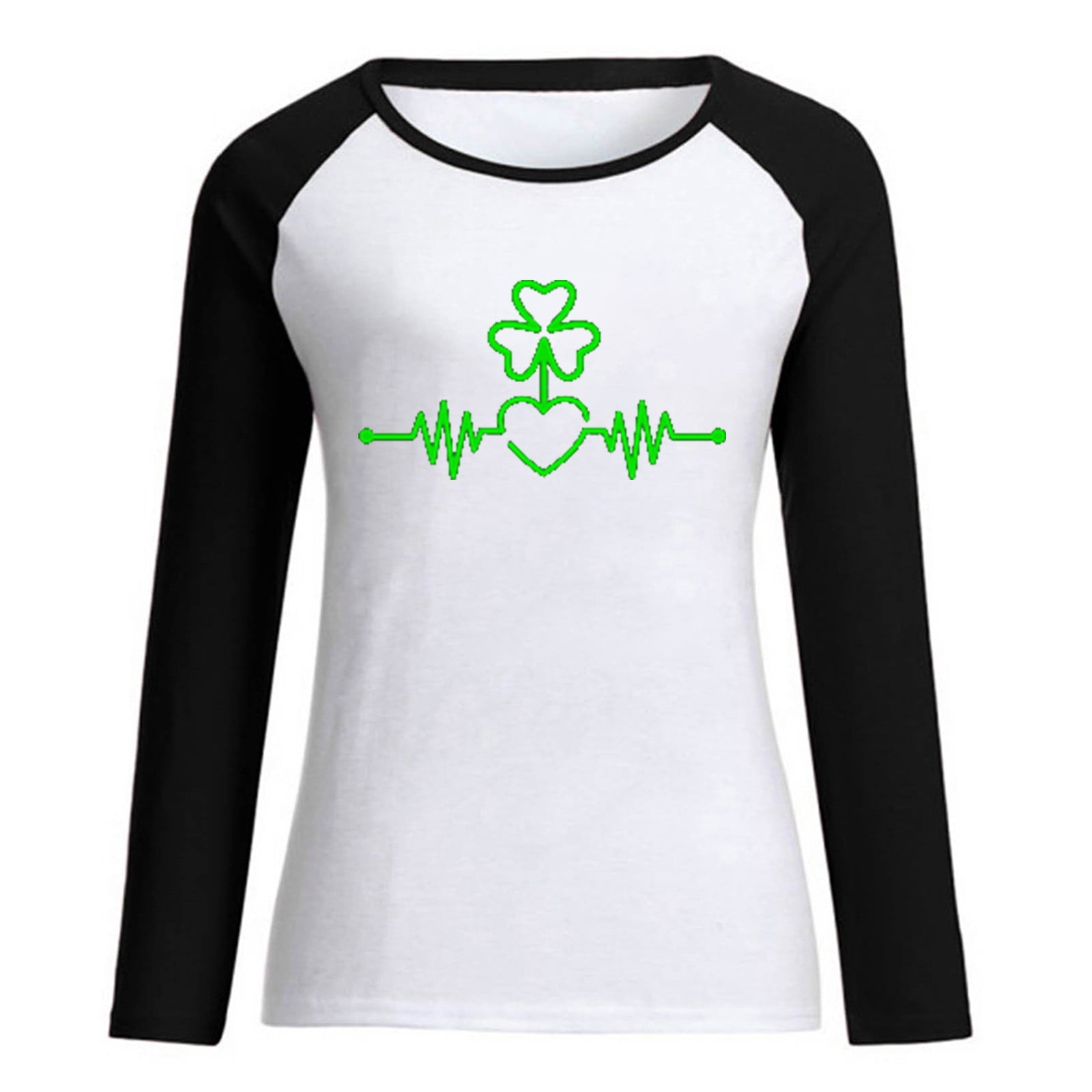 HAPIMO Rollbacks Women's St.Patrick's Day Shirt Clover ECG Graphic Print  Pullover Cozy Raglan Colorblock Tops Round Neck Tee Shirt Long Sleeve Shirts  for Women Lucky Green Day Gifts Black M 