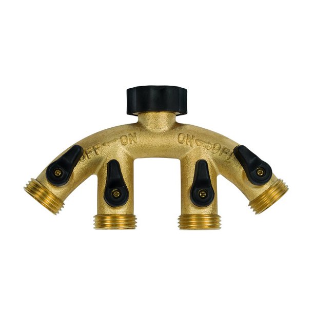 Gilmour Brass 4Way Water Hose Manifold Connector, Garden Watering