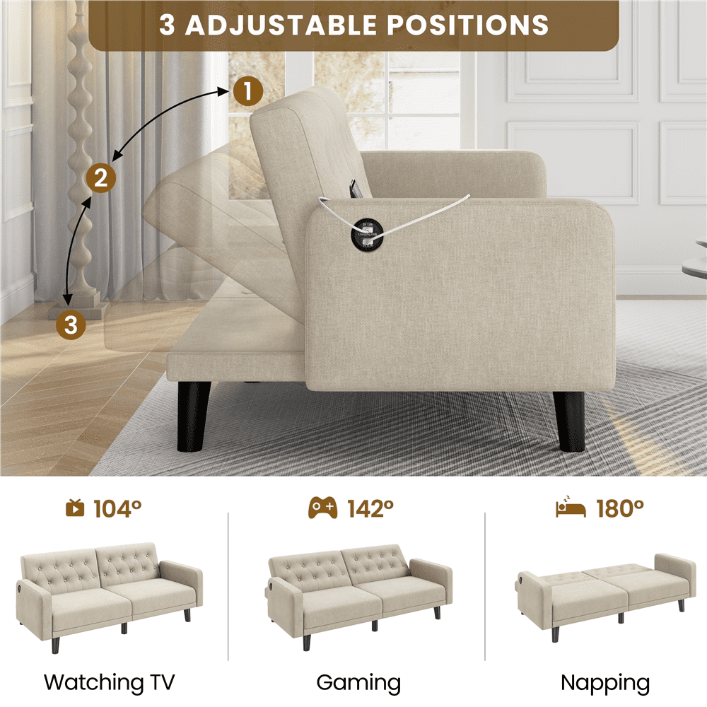 Renwick 63in Convertible Futon Sofa Bed with USB Ports, Beige