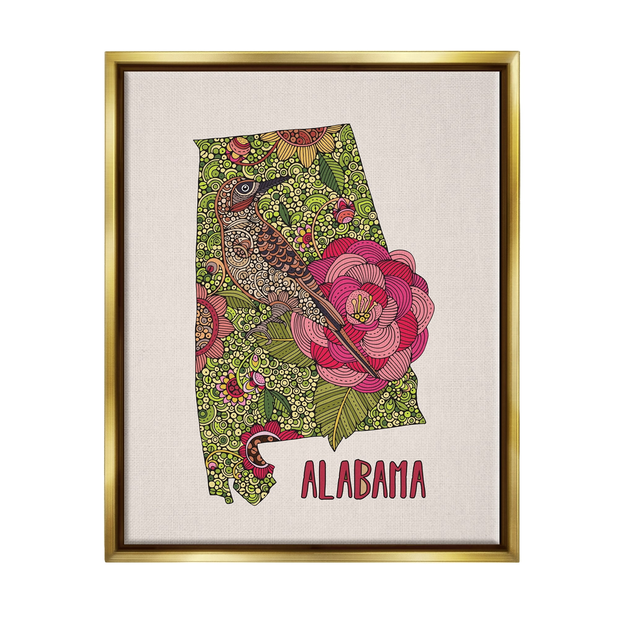Stupell Industries Intricate Alabama Camellia Flower Bird Detailed Pattern Graphic Art Metallic Gold Floating Framed Canvas Print Wall Art, Design by Valentina Harper