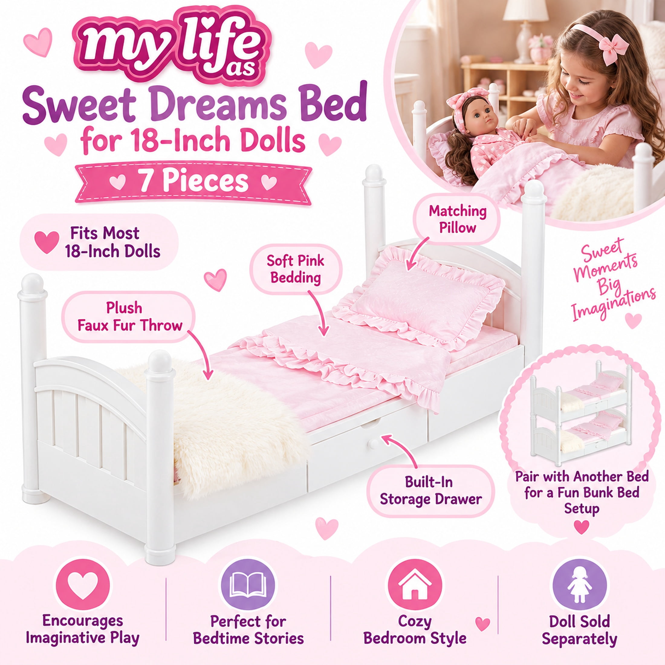 My Life As 18-Inch Doll Bed with Pink Bedding, Pillow, Faux Fur Throw & Storage Drawer, 7 Pieces