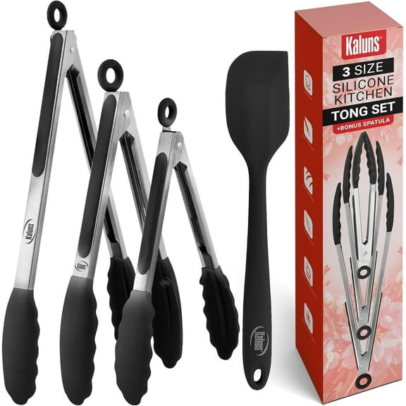 Kaluns Silicone Tongs Utensils for Cooking with Spatula - 4 Pcs Kitchen Tongs & Tong Set, Heat Resistant Non-Slip Serving Utensils - Black
