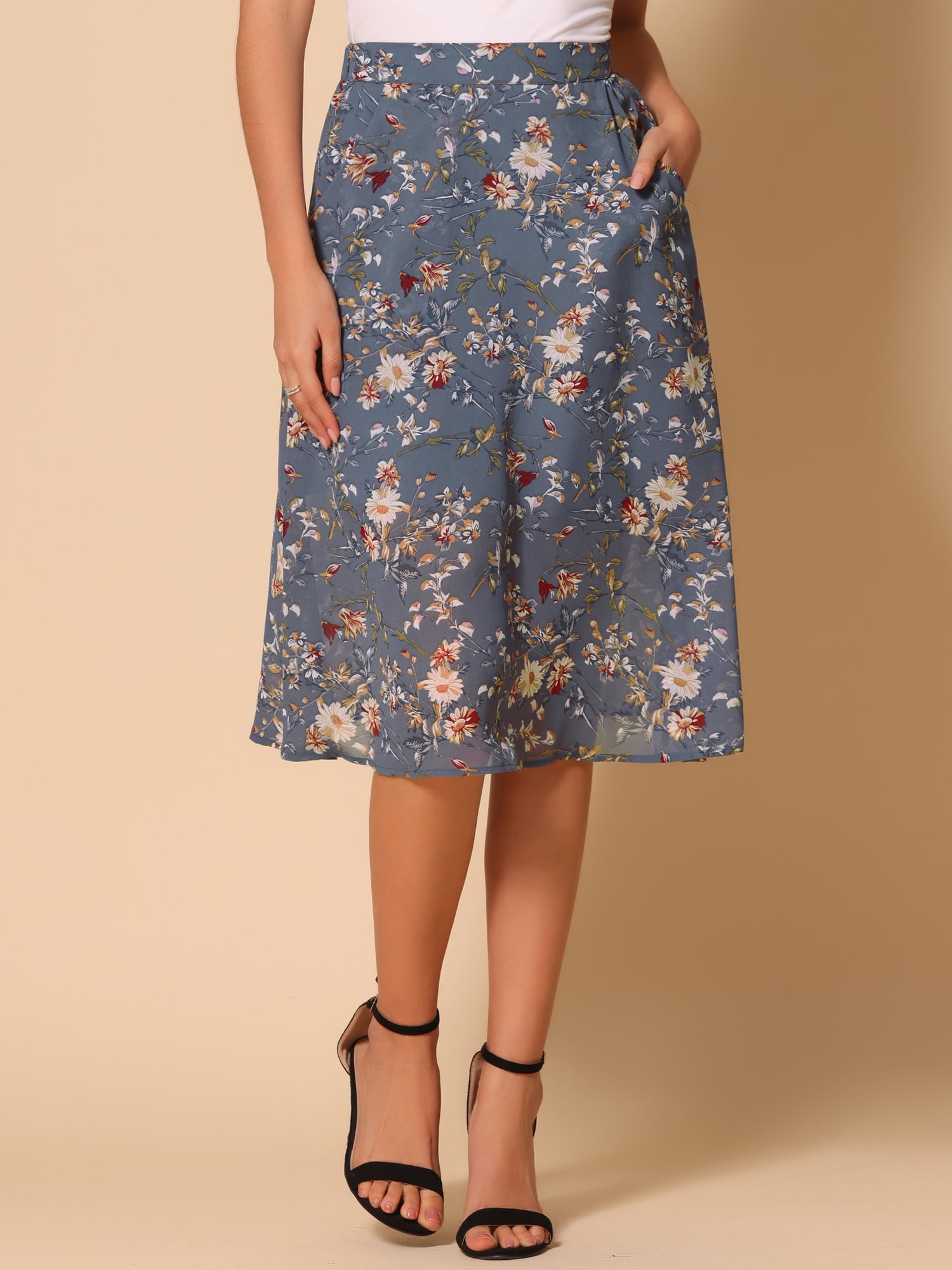 DARING DIVA Women's Floral Print A-Line Midi Skirt Skirts XS Gray Blue