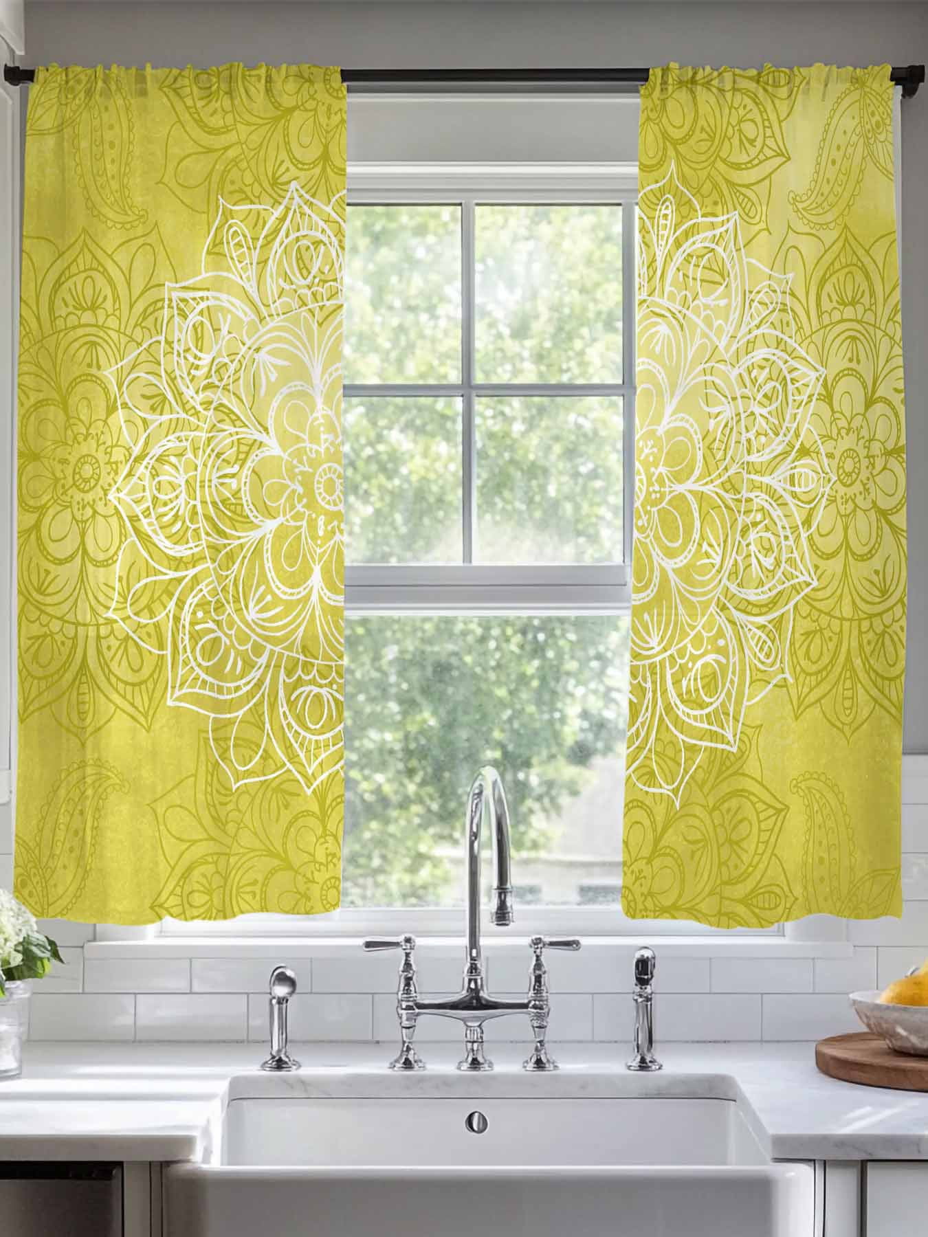 Yellow Boho Flowers Sheer Curtains for Living Room Bedroom, Vintage Abstract Watercolor Yellow Bohemia Floral Light Filtering Sheer Curtains, Rod Pocket Voile Window Drapes, 2 Panels Set 52"x 63"