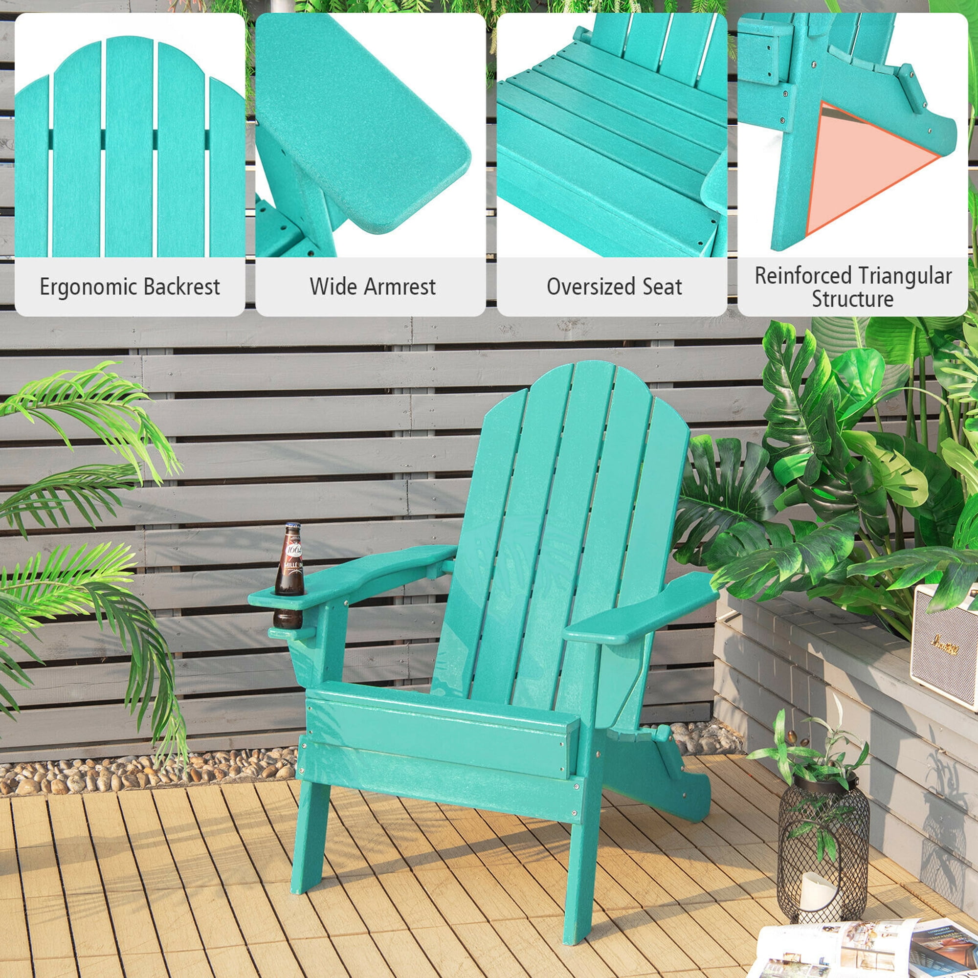 Gymax 2PCS Patio Folding Adirondack Chair Weather Resistant Cup Holder Yard Turquoise