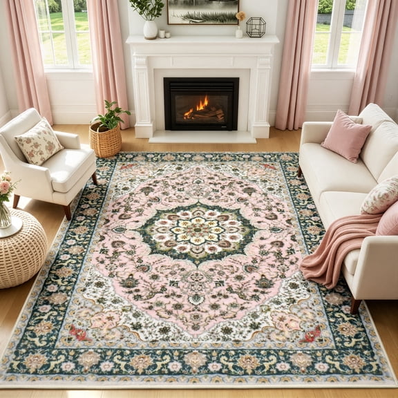 WANLISELL 6'x9' Area Rugs, Vintage Distressed Large Indoor Carpet, Soft Non-Slip Washable Rugs for Living Room, Kitchen, Bedroom, Office, Dining Room, Playroom, Pink