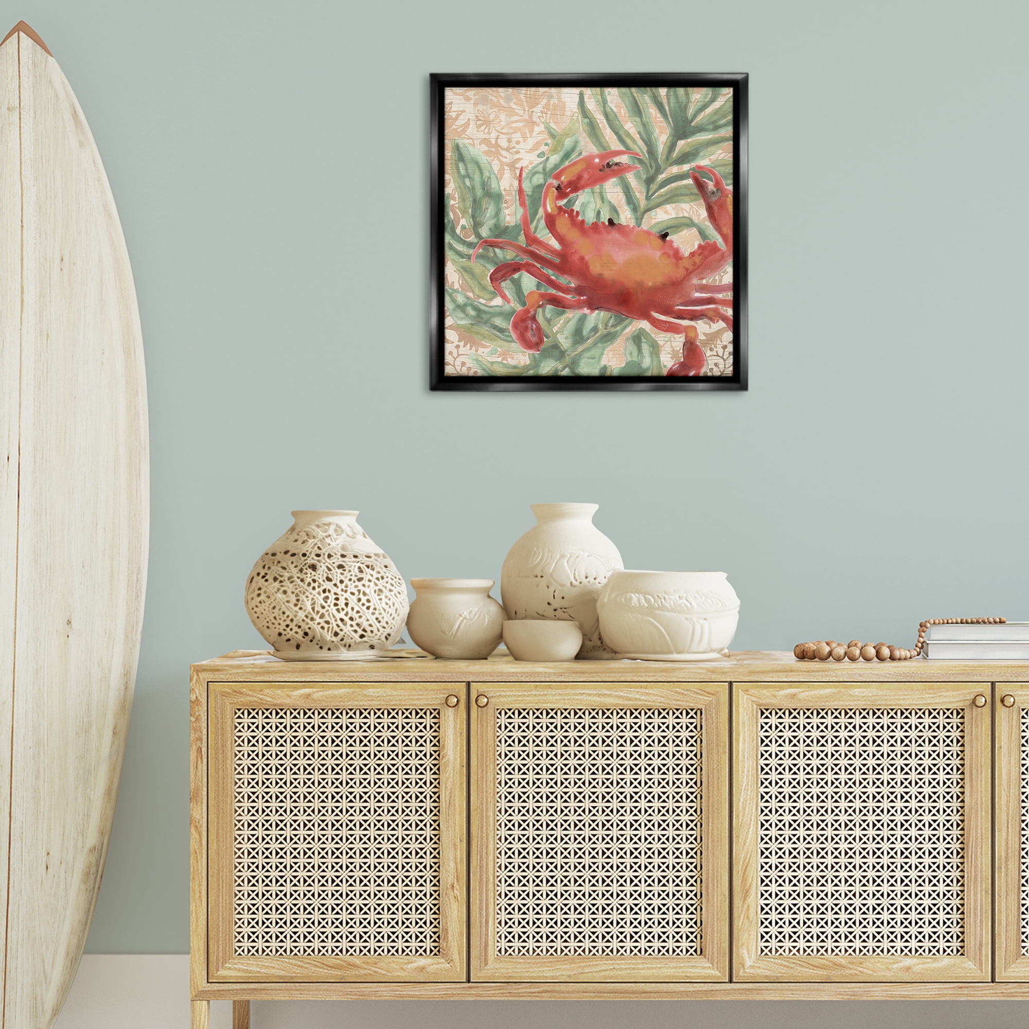 Stupell Industries Crab on Palm Leaves Animals & Insects Painting Black Floater Framed Canvas Art Print Wall Art, 25 x 25