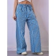 thumbnail image 3 of Women Drawstring Striped Pants Loose Wide Leg Trousers Casual Low Waist Pants Comfy Lounge Pants with Pockets Blue M, 3 of 5