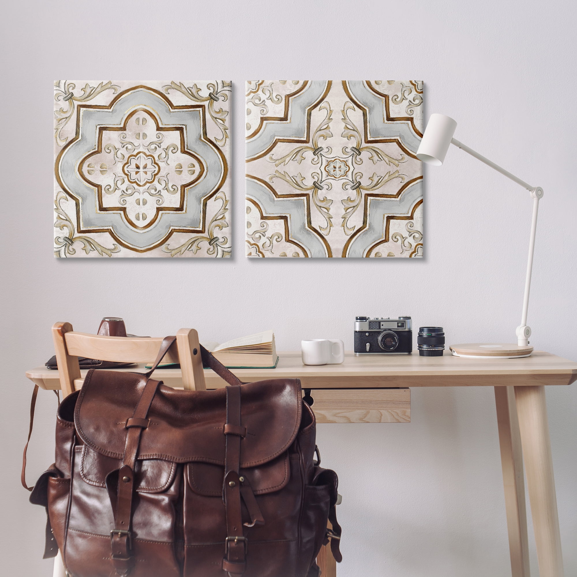 Stupell Industries Moroccan Tile in Neutrals Abstract Painting Wrapped Canvas Art Print Wall Art, 24 x 24, Set of 2