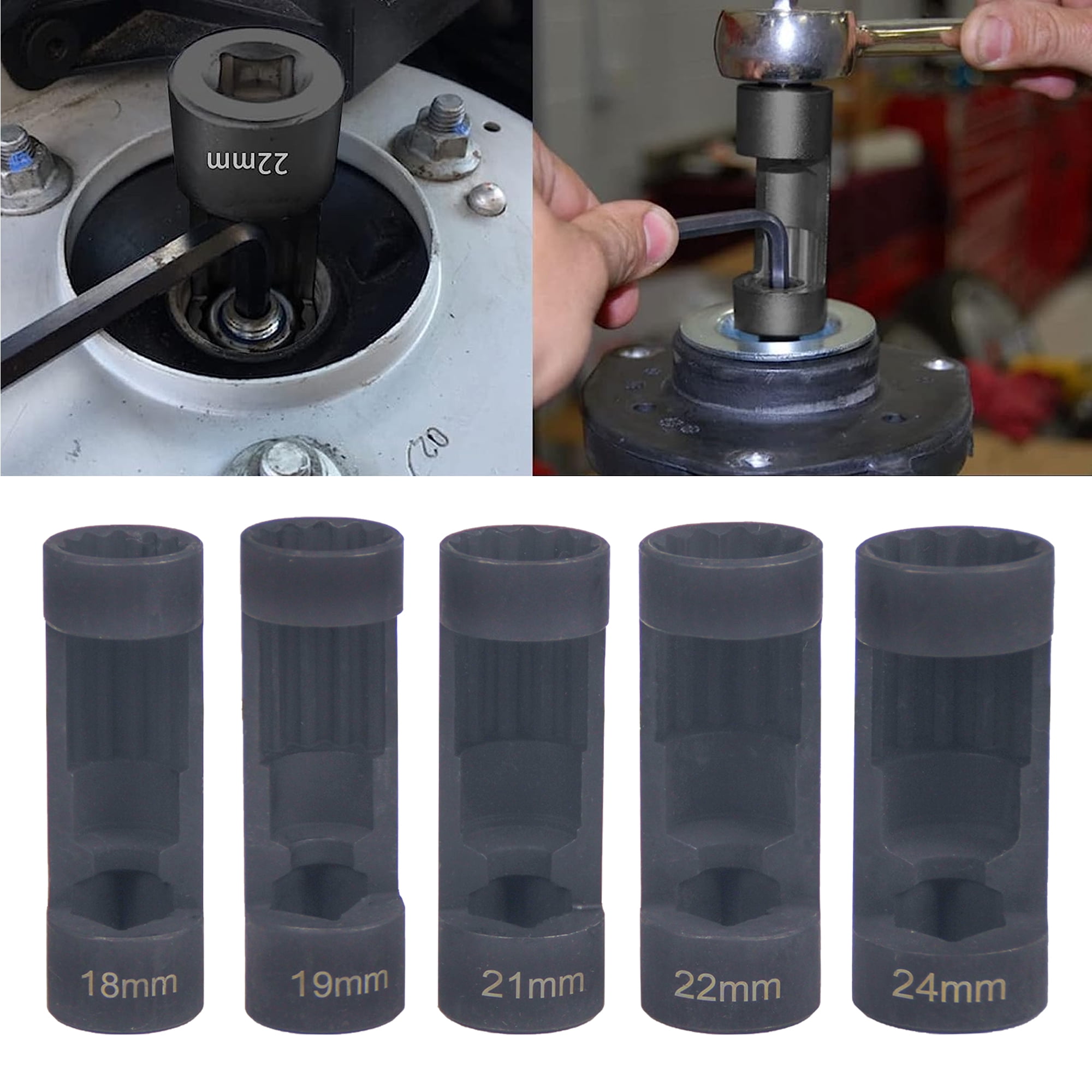 5-piece set: 18mm, 19mm, 21mm, 22mm, 24mm bracket nut sockets, 12-point, 1/2-inch drive. Suspension bracket nut socket tools, suitable for hexagon wrenches (5-piece set)