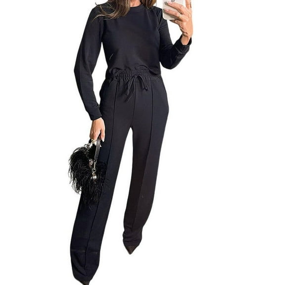 Scyoekwg Womens 2 Piece Outfit Tracksuits Fall Outfits Long Sleeve Sweatshirt Wide Leg Pants Fashion Matching Outfits Casual Outfits Sets (Black,XL)