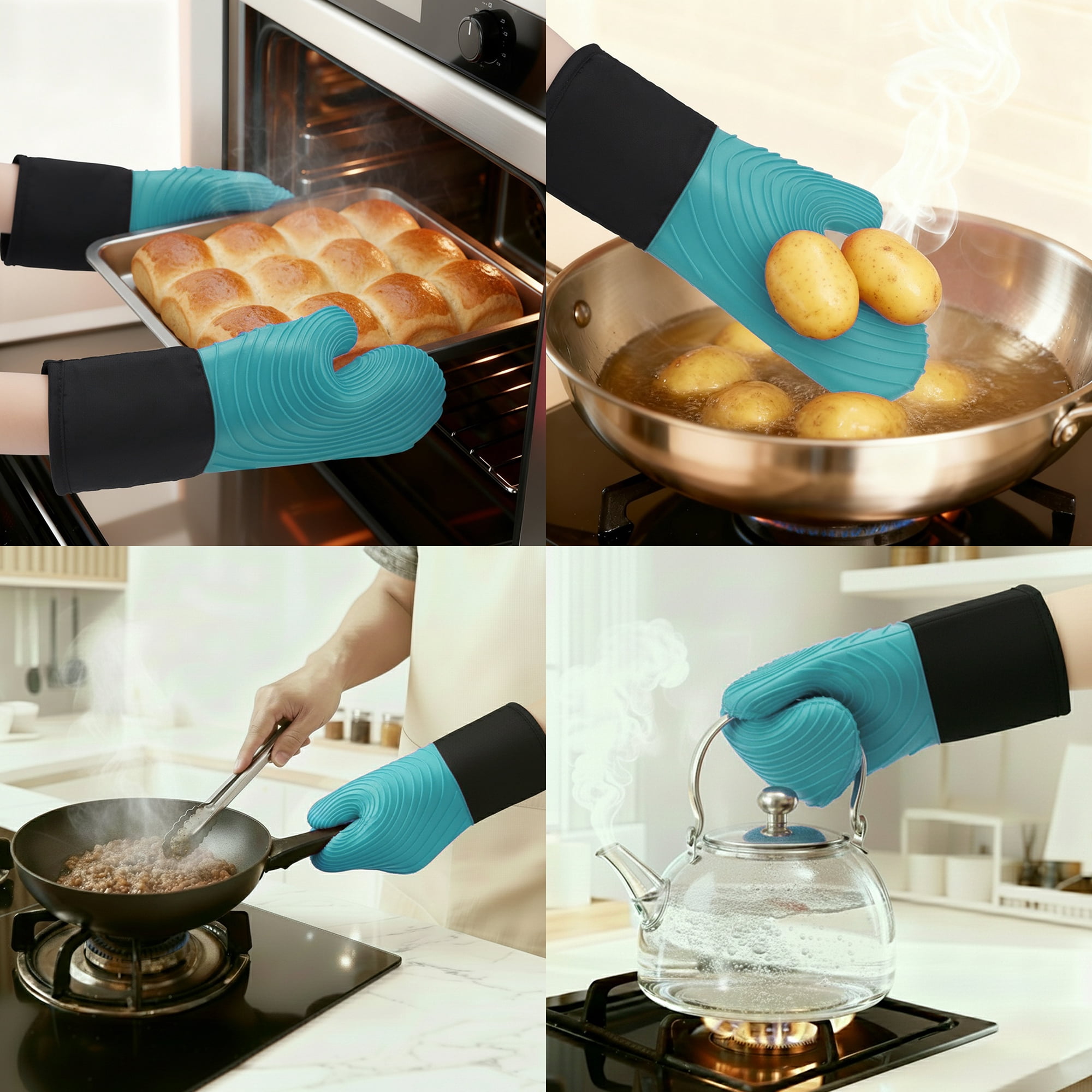 Unique Bargains Cotton Oven Mitts Heat-Resistant Cooking Gloves Cyan 13.4x7.1inch