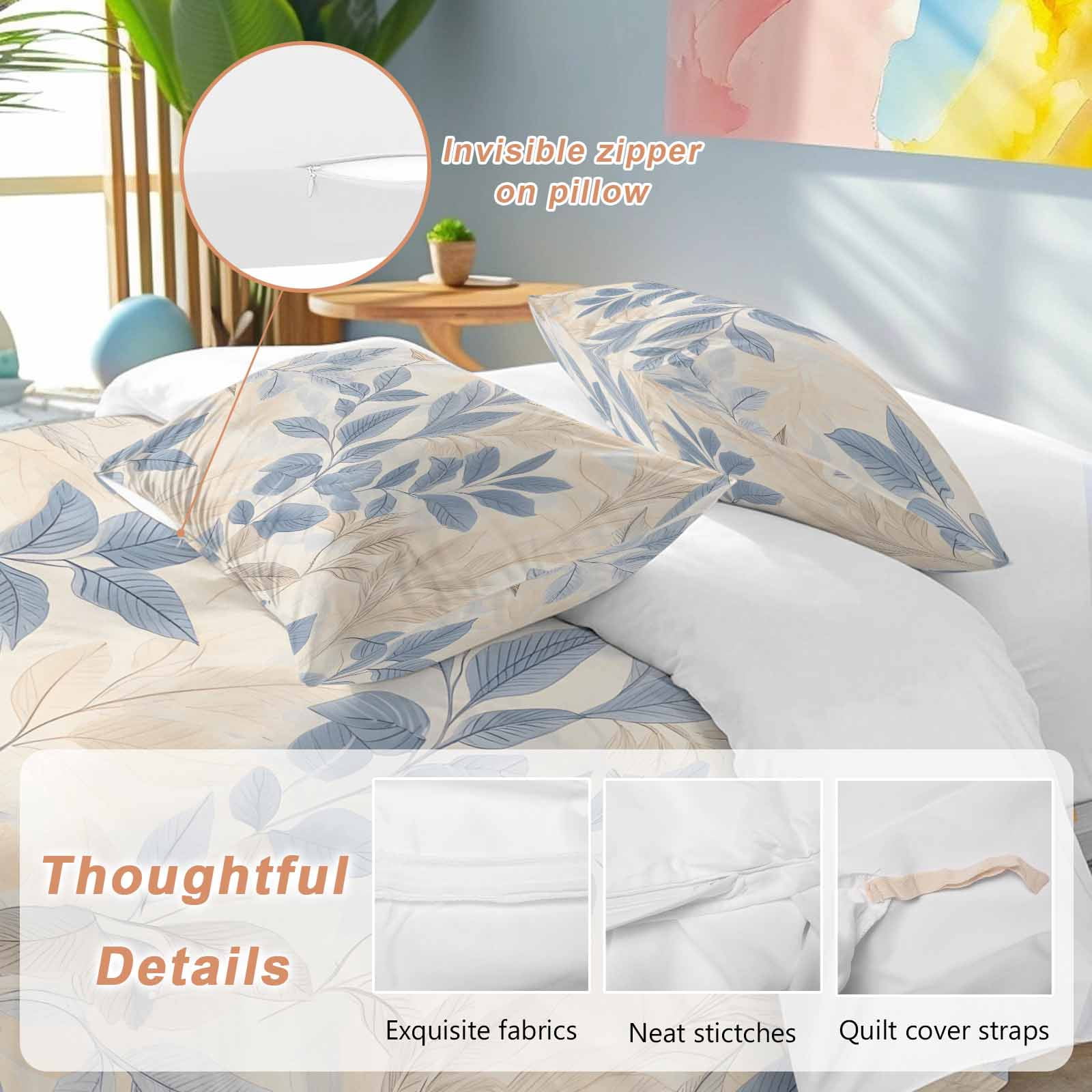 Blue Yellow Botanical Bedding 3 Piece Duvet Cover Set Twin Size, Vintage Spring Summer Soft Microfiber Comforter Cover with Zipper Closure & Pillowcases, Wrinkle & FadeResistant Quilt Cover