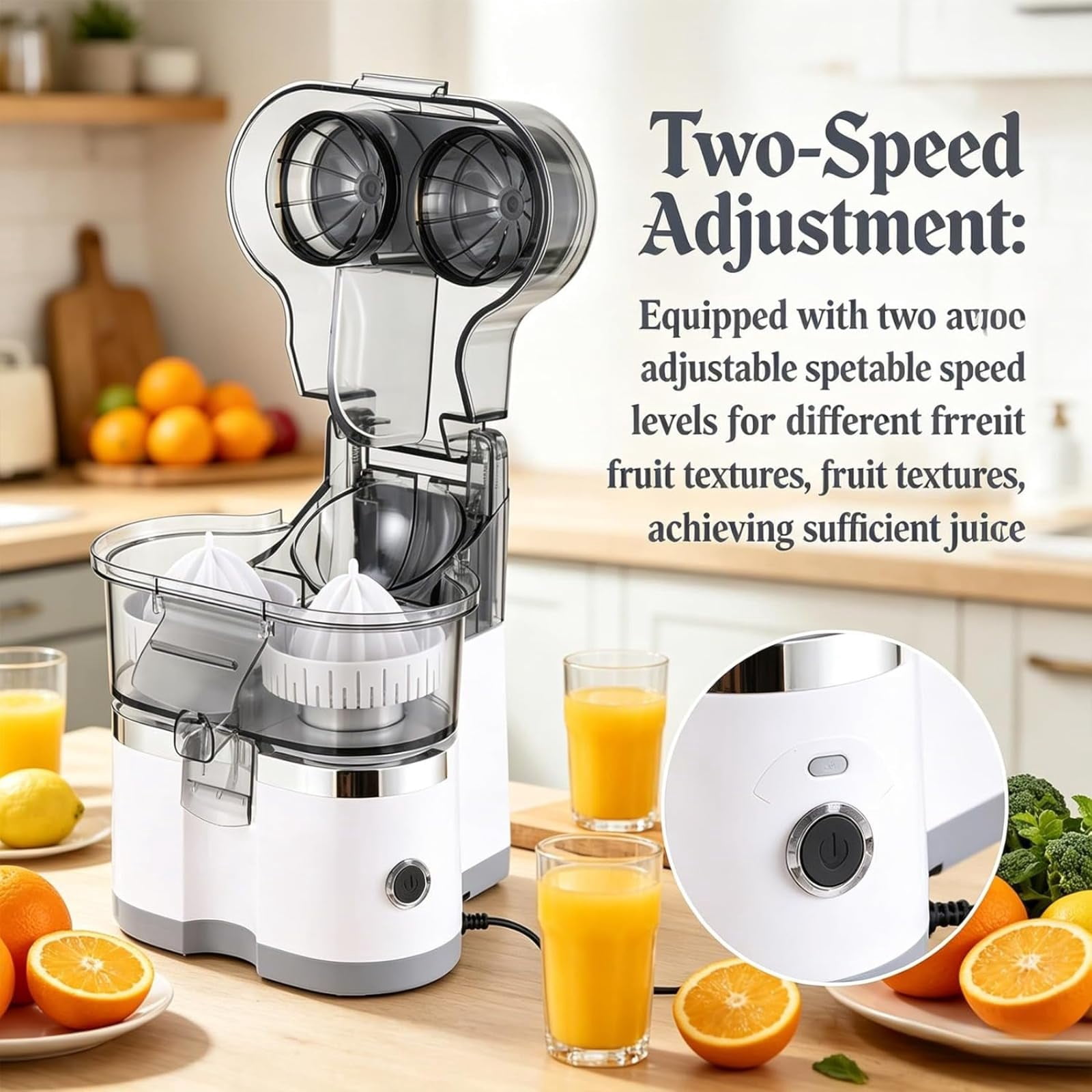 Dual-Head Automatic Citrus Juicer, Electric Orange Juicer Machine with Built-in Cutter and Cleaning Brush, One-Touch Juicing for Orange, Lemon, Lime, Detachable, Easy to Clean