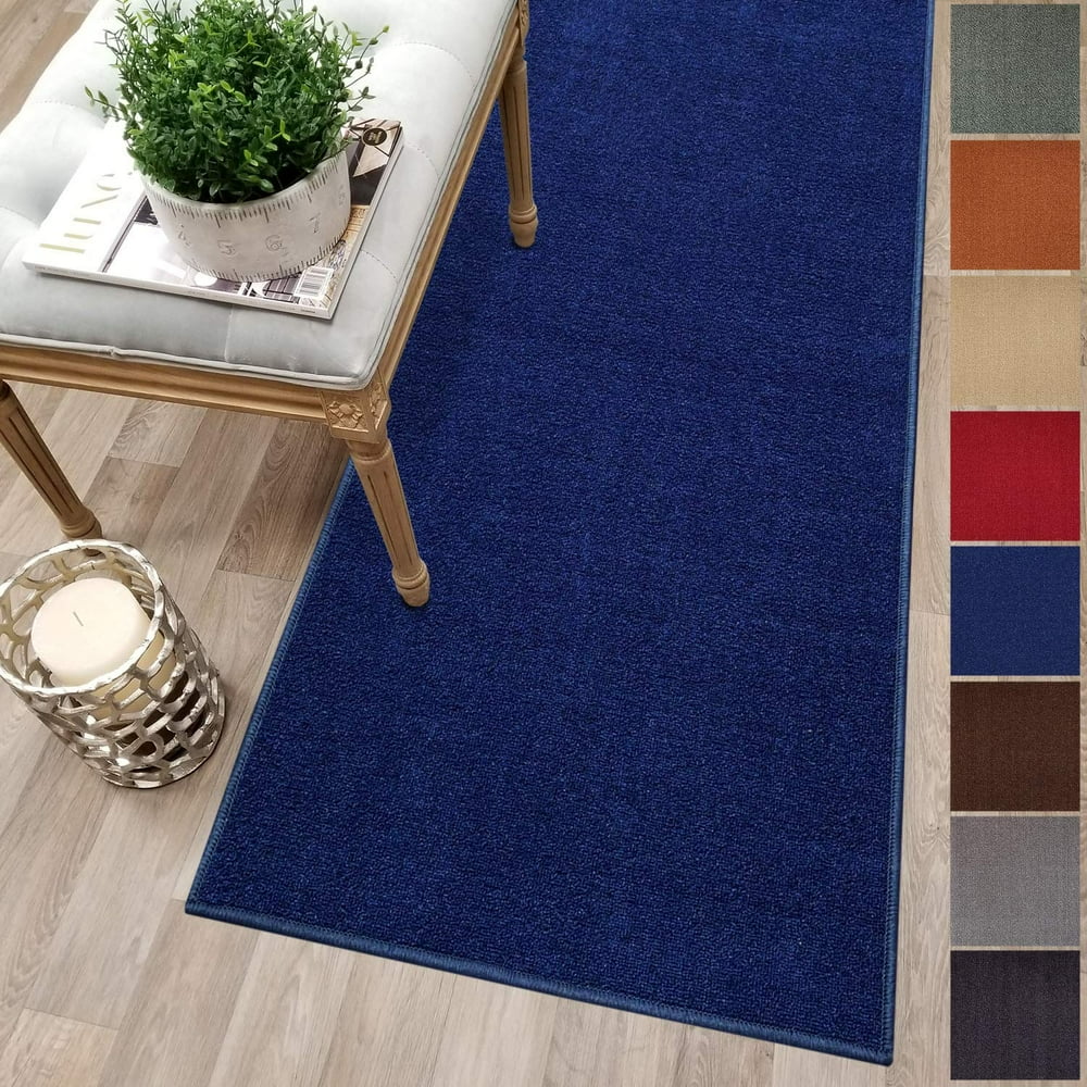 Custom Size Blue Solid Plain Rubber Backed NonSlip Hallway Stair Runner Rug Carpet 22 inch Wide