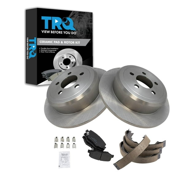 TRQ Rear Brake Pad & Rotor Kit Brake Pads Brake Rotor Parking Brake Shoe Set Ceramic Fits Select 2007-2011 Dodge Nitro 2008-2012 Jeep Liberty