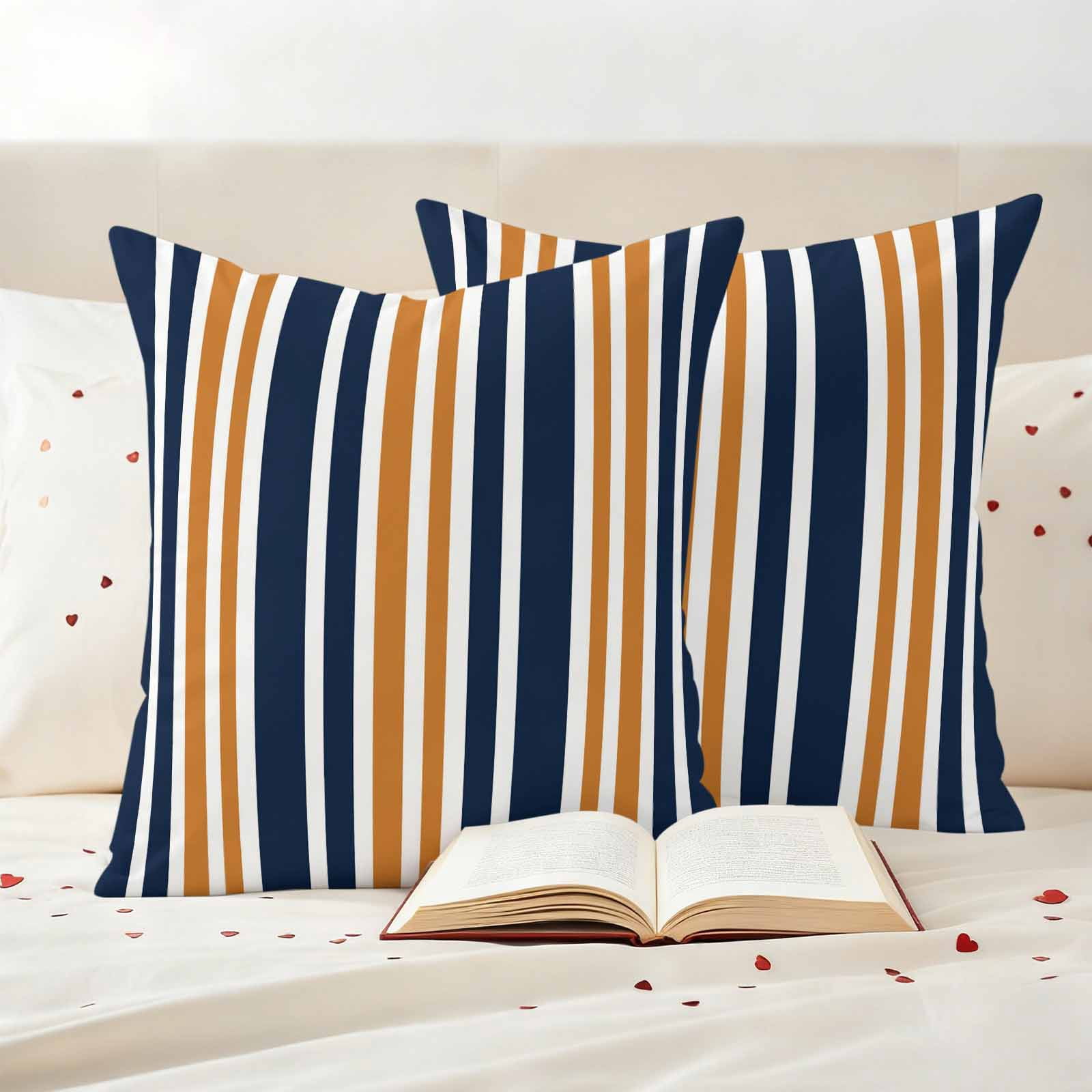 Orange Navy Blue Striped Outdoor Waterproof Pillow Covers, Modern Minimalist Ombre Lines Decorative Square Throw Pillowcase Sofa Cushion Sham for Patio/Couch/Chair, 26"x26" 2 Pack