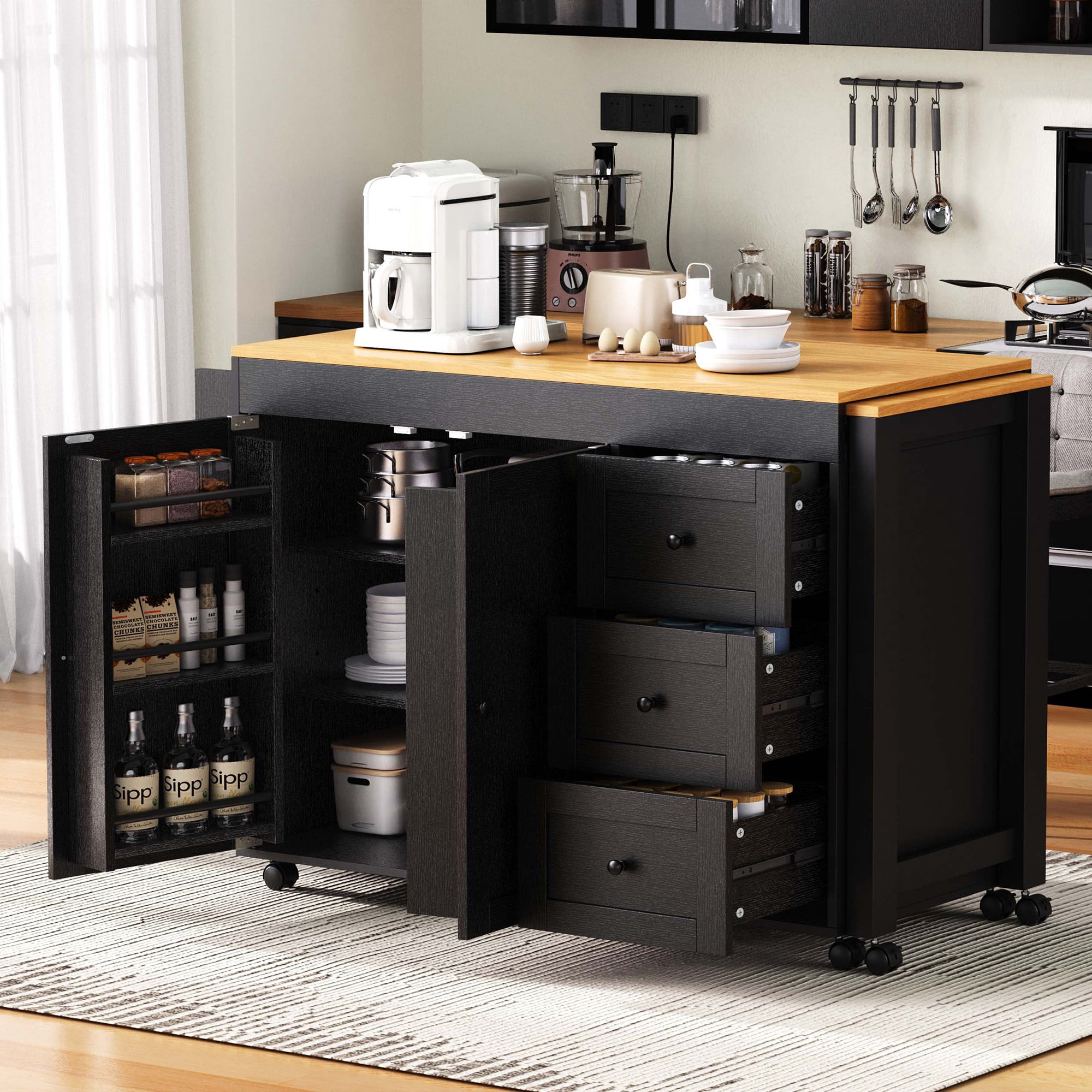 74.8-Inch Kitchen Island with Extendable Dining Table and Power Outlet, Rolling Kitchen Cart with 3 Drawers and Spice Rack for Kitchen, Black