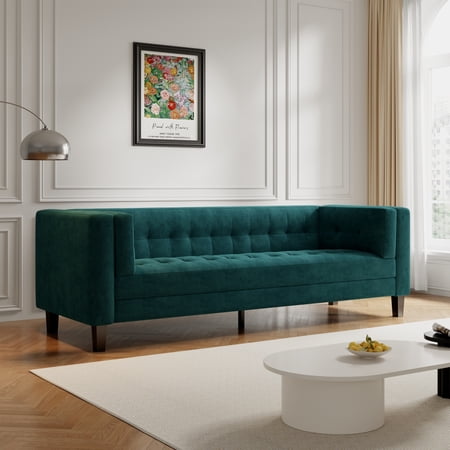 3-Seater Sofa, Upholstered Tufted Coach, Velvet Sofa, Ivory White