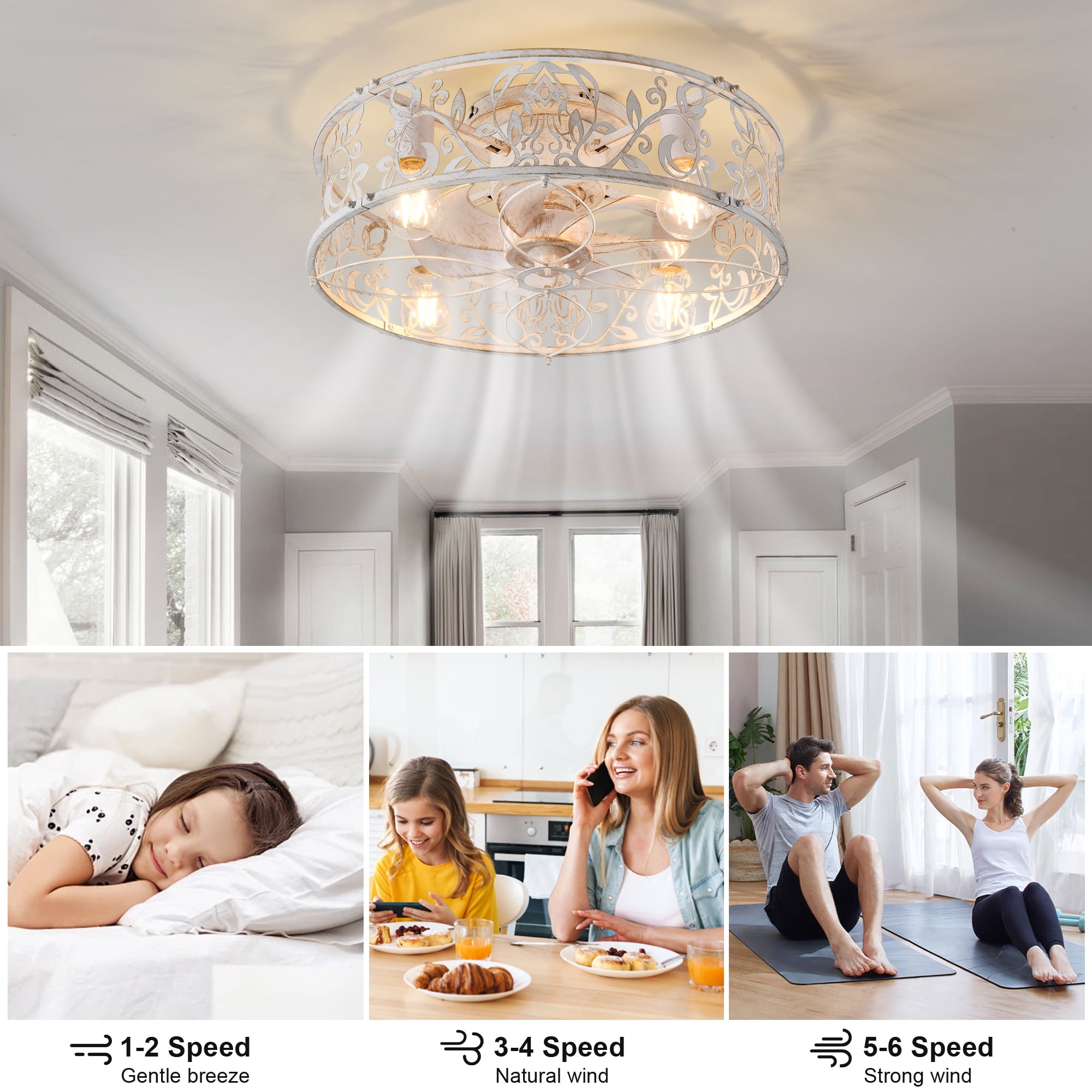 Garwarm 20in. Distressed White Caged Farmhouse Ceiling Fan with Lights and Remote, 6-Speed Reversible Low Profile Flush Mount Ceiling Fan, Industrial Enclosed for Bedroom, Kitchen