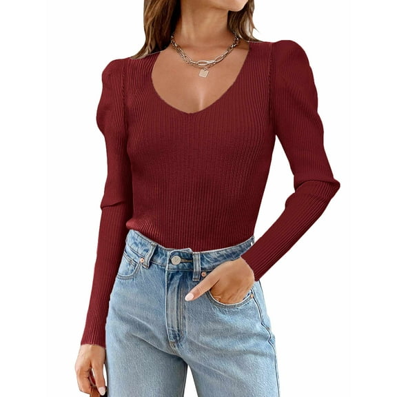 Zeagoo Womens Puff Long Sleeve Tops V Neck Pullover Sweaters Soft Slim Fit Solid Color Rib Knit Tops