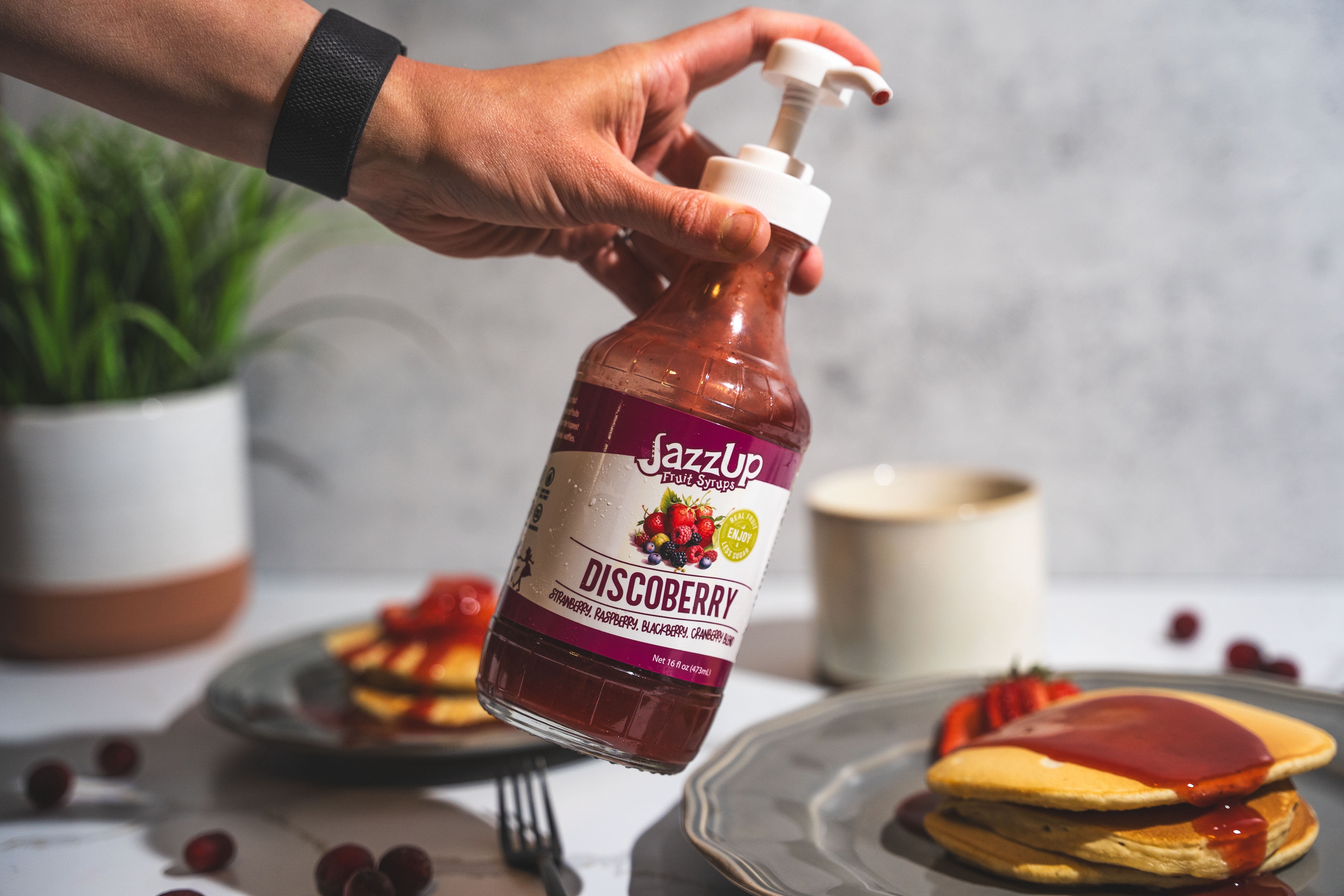 JazzUp Fruit Syrup Variety 4-Pack, includes Strawberry, Mango, Blueberry, Discoberry (mixed berry), 16 fl oz Each Bottle