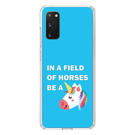 DistinctInk Clear Shockproof Hybrid Case for Galaxy S20 / S20 5G (6.2" Screen) - TPU Bumper, Acrylic Back, Tempered Glass Screen Protector - In a Field of Horses, Be a Unicorn - Blue