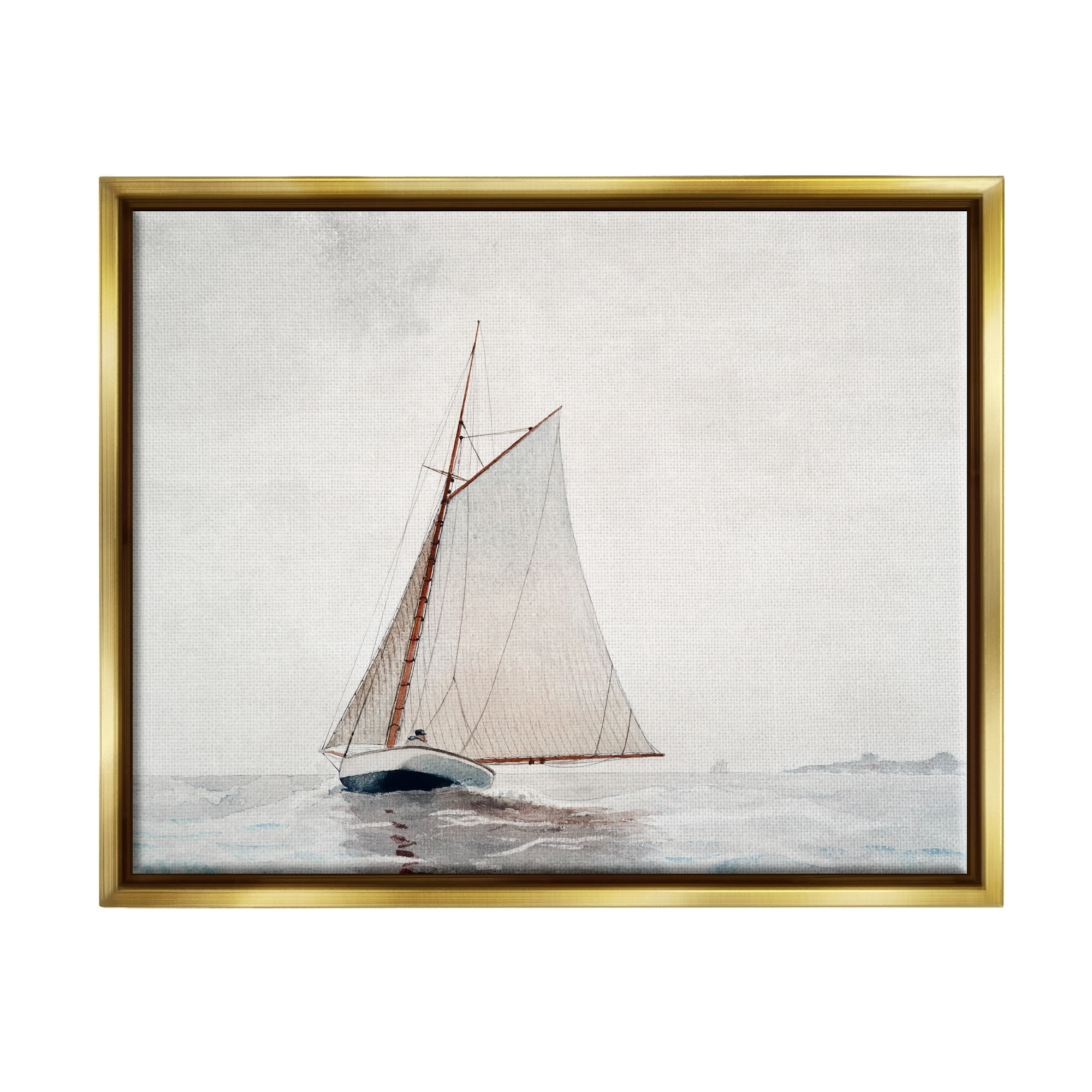 Stupell Industries Sailboat Foggy Weather Clouds Ocean Waves Crashing Painting Metallic Gold Floating Framed Canvas Print Wall Art, Design by Lettered and Lined