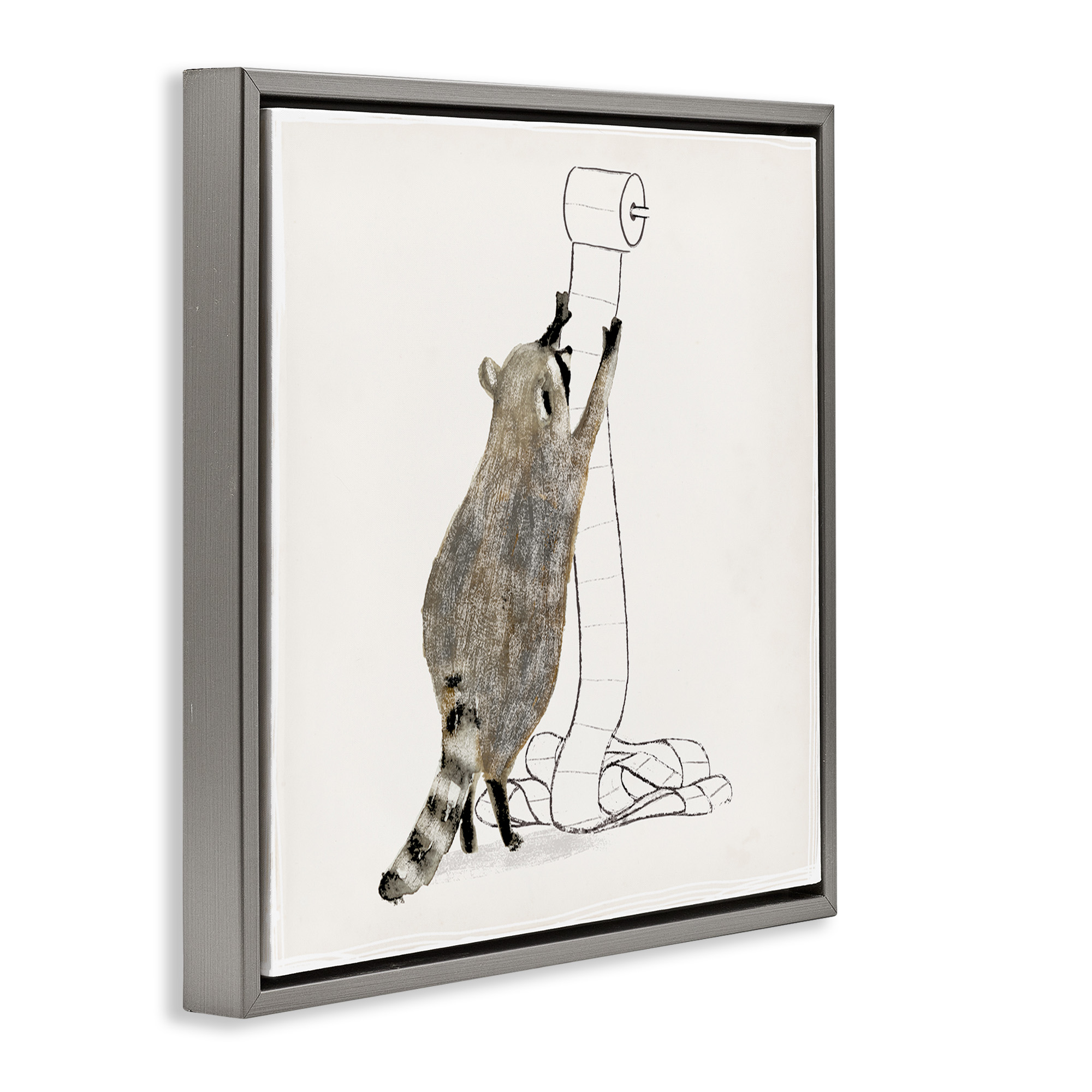 Stupell Industries Raccoon Toilet Paper Hoarder Animals & Insects Painting Gray Floater Framed Canvas Art Print Wall Art, 25 x 25