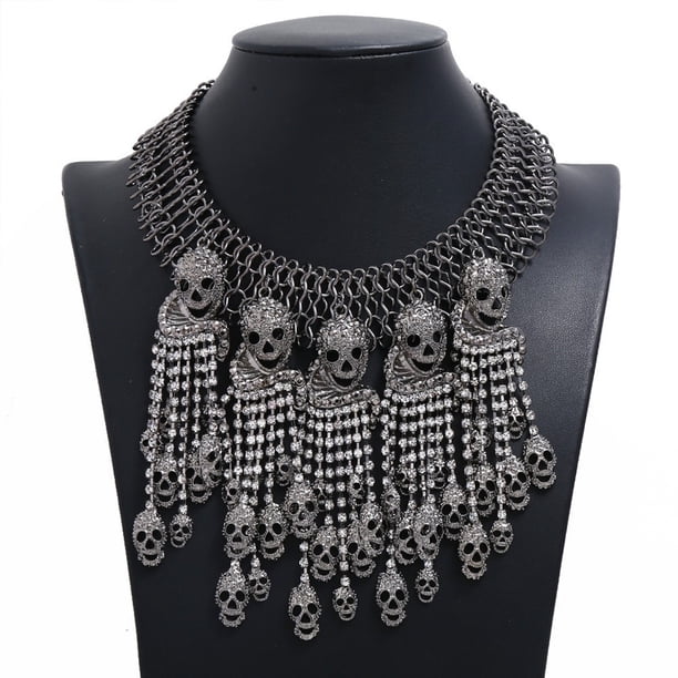 Halloween Skull Tassel Necklace for Women Gothic Punk Jewelry Collarbone Chain Party Accessories Festival Gift Vintage Retro Style