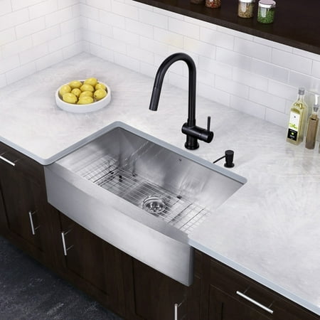 Gramercy Single - VIGO All-in-One 36-inch Stainless Steel Farmhouse Kitchen Sink and Gramercy Matte Black Faucet Set
