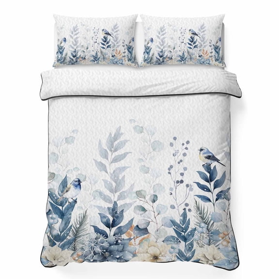 Twin Quilt Bedding Set, Blue Poinsettia Watercolor Leaves Bird Soft Microfiber Summer Bedspread Coverlet with 2 Pillow Shams, Eucalyptus Leaf on White Breathable Bedding Set for Hot Sleepers