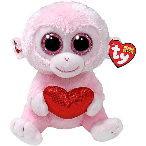 Ty Beanie Boos - GIGI the Valentine's Monkey (Glitter Eyes) (Regular Size 6" Plush Stuffed Animal)(BONUS 1 ZIPPER BRACELET & 1 FUN CHOPS)