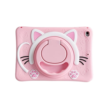 for iPad Air 5th/4th Generation (2022/2020) 10.9 inch Case Kids Shockproof Cover 3D Cartoon with Rotating Handle Stand Shoulder Strap Soft Silicone Child Case,Pink Cat
