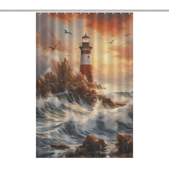 Lighthouse Sunrise Coast Scenery Pale Blue Tan Shower Curtain Modern Home Bathroom Bathtub Decor Waterproof Fabric with 12PCS Hooks