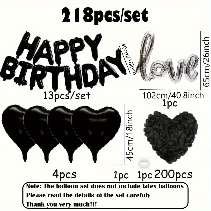 218pcs Black 16.0 Inch Birthday Balloons with Black Heart-Shaped Aluminum and Silvery Love Balloons, Including Black Petals - Perfect for Birthday Parties and Romantic Celebrations