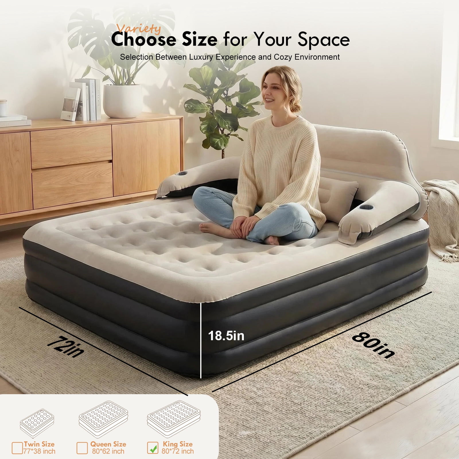 Honeydrill 15" King Air Mattress with Headboard, Airbed Inflatable Couch with Pump