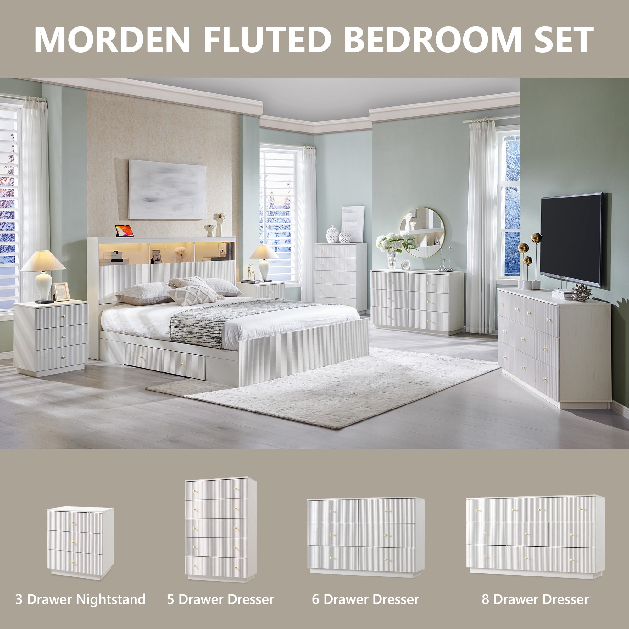 wow97e Fluted 6 Drawers Dresser, Wood 47" Tall Chest of Drawers with Deep Storage, Modern Bedroom Chest for Closet Hallway, Entryway, Living Room