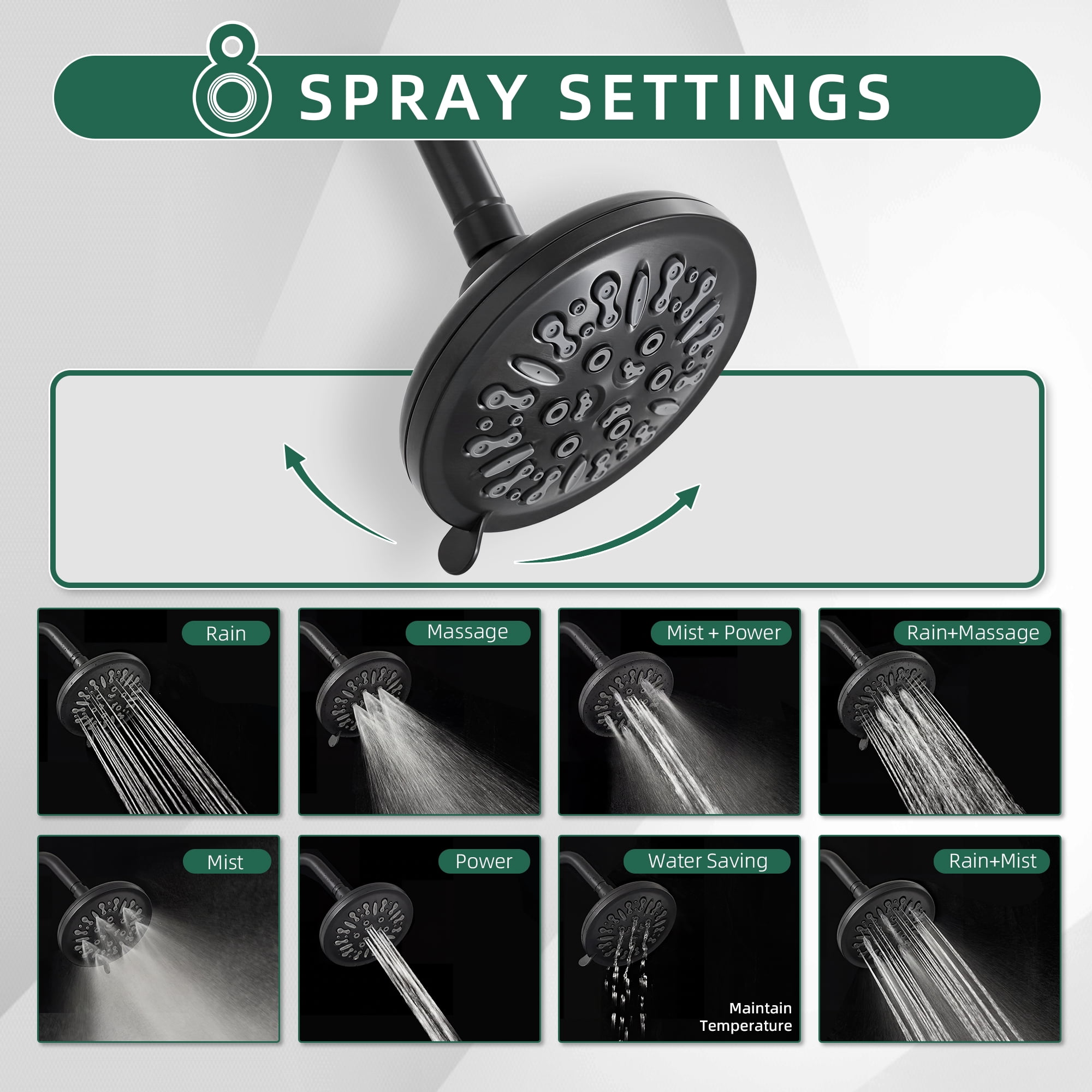 Akicon Shower Head High Pressure Rain Shower Head, 8-Setting 5.5 Inch Fixed Showerhead with Adjustable Angle, Anti-Clogging Nozzles, Easy Install, Excellent Replacement for Bathroom