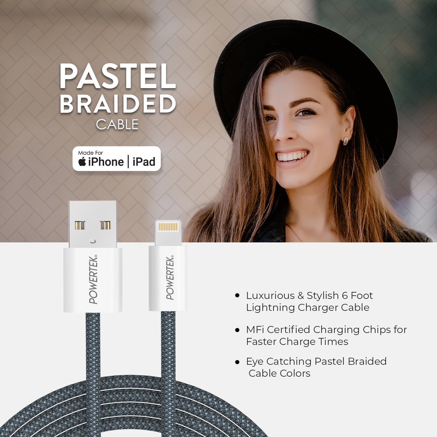 Liquipel Powertek Pastel Braided USB-A to Lightning - Gray