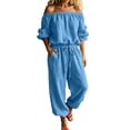 thumbnail image 2 of Karymi Workout Shorts Women Solid Linen Blend Off Shoulder Jumpsuit, Elastic Drawstring Waist 3/4 Rolled Sleeve Ankle Cuff Harem Long Pants with Side Pockets Running Shorts for Women, 2 of 6
