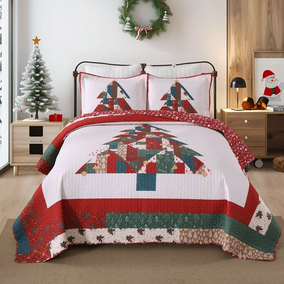 3 Pcs Patchwork Christmas Tree Quilt Set – Reversible Holiday Bedspread