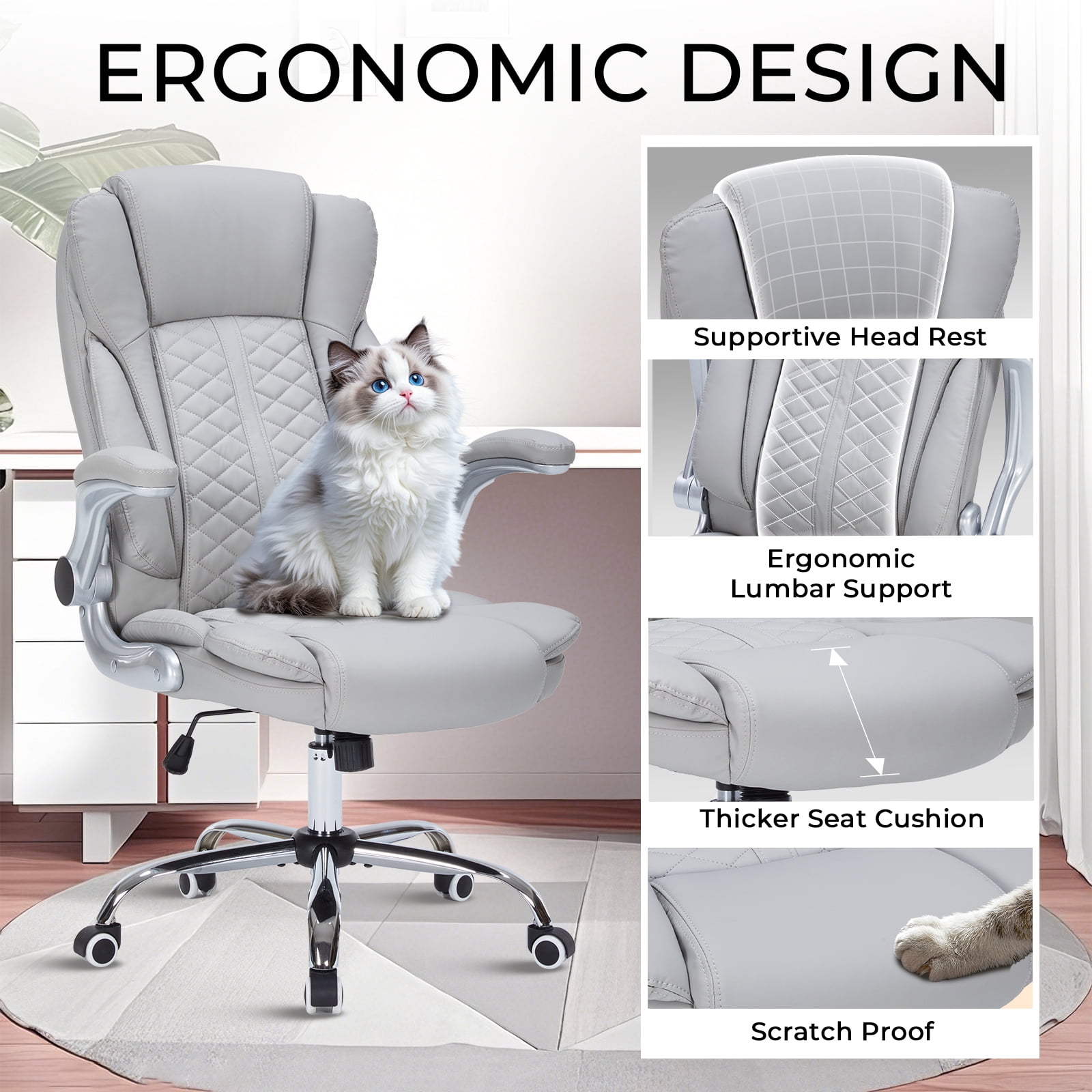 HESL Office Chair with Flip-Up Arms, Big and tall Office Chair with Rocking Mode, Desk Chair, GREY
