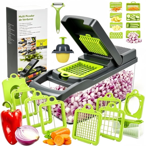 16 in 1 Vegetable Chopper, 8 interchangeable accessories,Vegetable Cutter,Veg Chopper and Dicer with Container & Draining Basket, Kitchen Multifunctional Vegetable Slicer for Veggies,Onion,Garlic