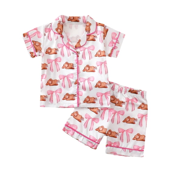 Byoo Easter Print Infant Girls Homewear Outfit Bow Bunny Rabbit Graphic Short Sleeve Shirt Shorts Set 2pcs Sleepwear Set for Kids, Sizes 12-18M